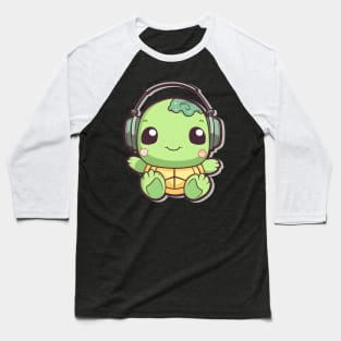 Green Turtle with Headphones Baseball T-Shirt